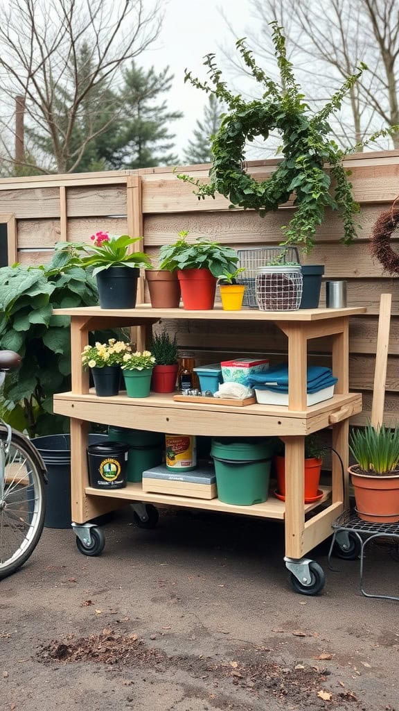 A portable potting bench on wheels with various flower pots and gardening supplies.