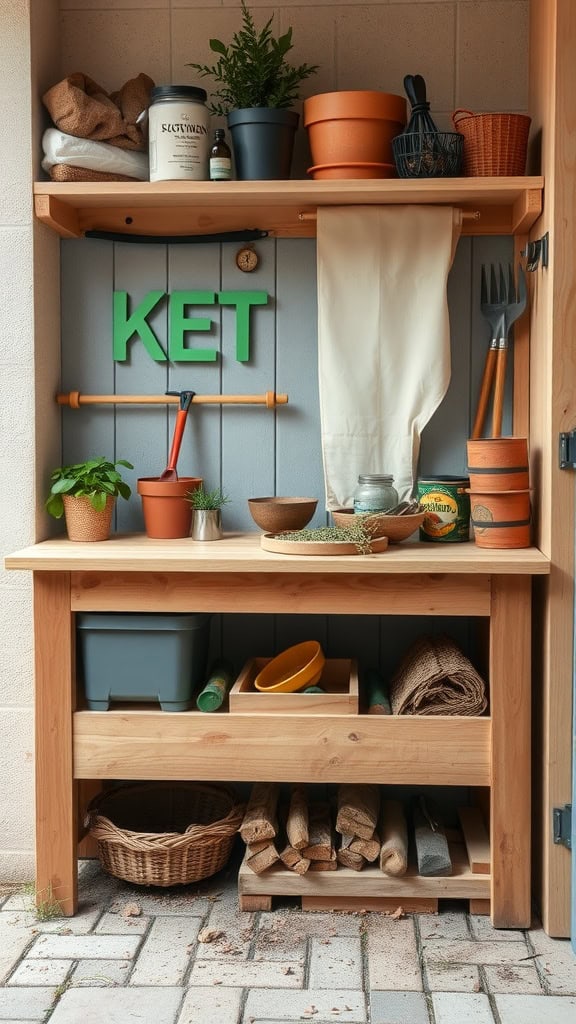 A wooden potting bench with various gardening supplies and a built-in compost bin