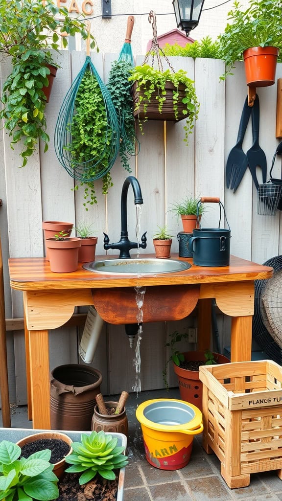 A potting bench with a built-in sink, surrounded by hanging plants and gardening tools.