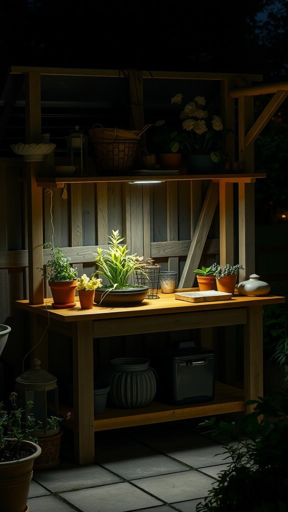 A wooden potting bench at night with integrated work light, showcasing potted plants and gardening tools.