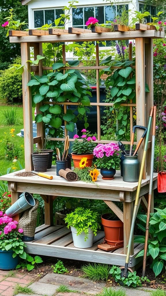 A wooden potting bench with a trellis, surrounded by various potted plants and flowers.