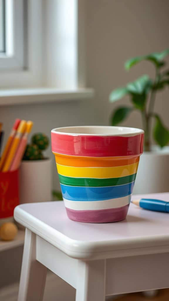 Colorful rainbow striped ceramic plant pot on a white stool