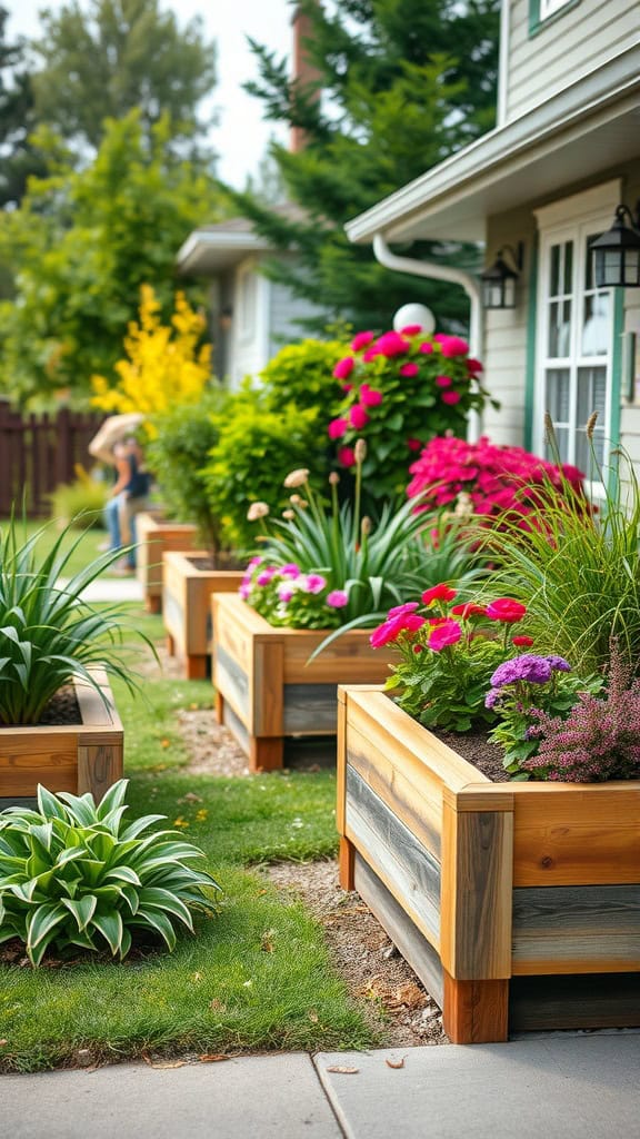Beautiful front yard featuring raised garden beds filled with colorful flowers and plants.