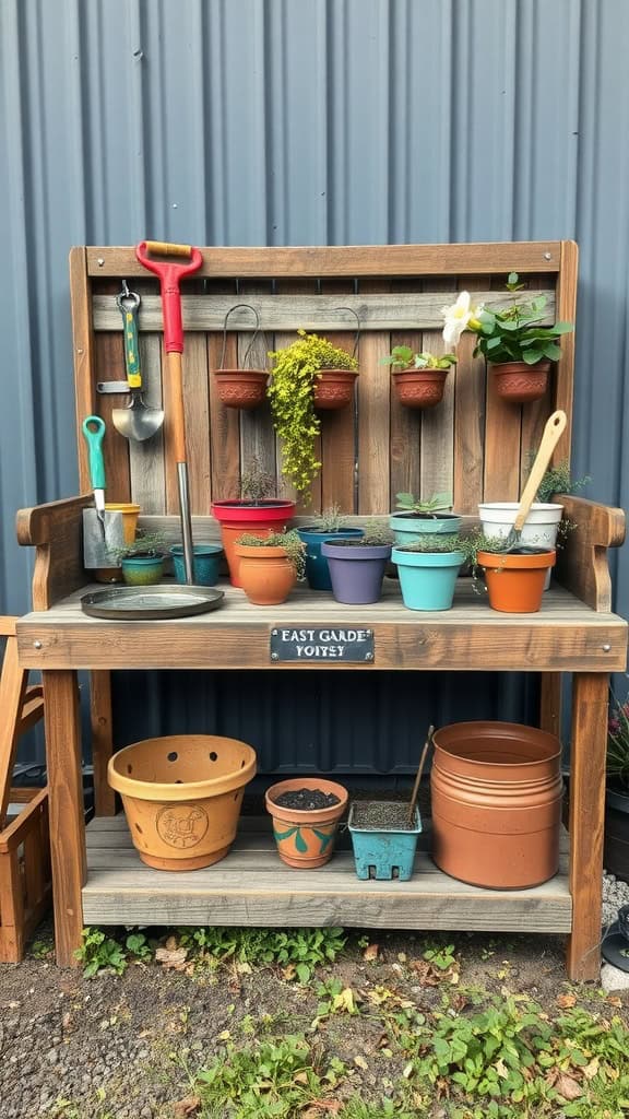 A rustic potting bench made from reclaimed wood with colorful pots and gardening tools