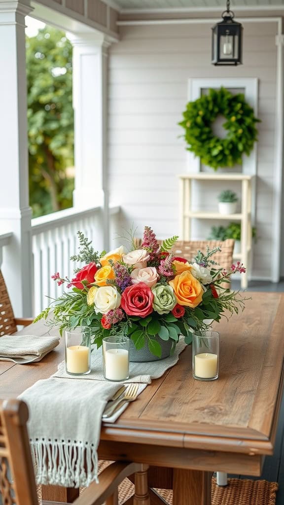 A rustic table centerpiece featuring colorful flowers and candles on a front porch.