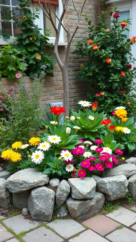 Colorful flower bed with rustic stone borders, showcasing vibrant blooms and natural charm.