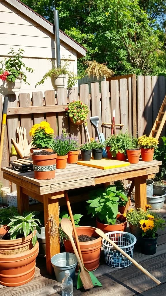 A rustic wooden potting bench surrounded by potted plants and gardening tools in a bright garden setting.