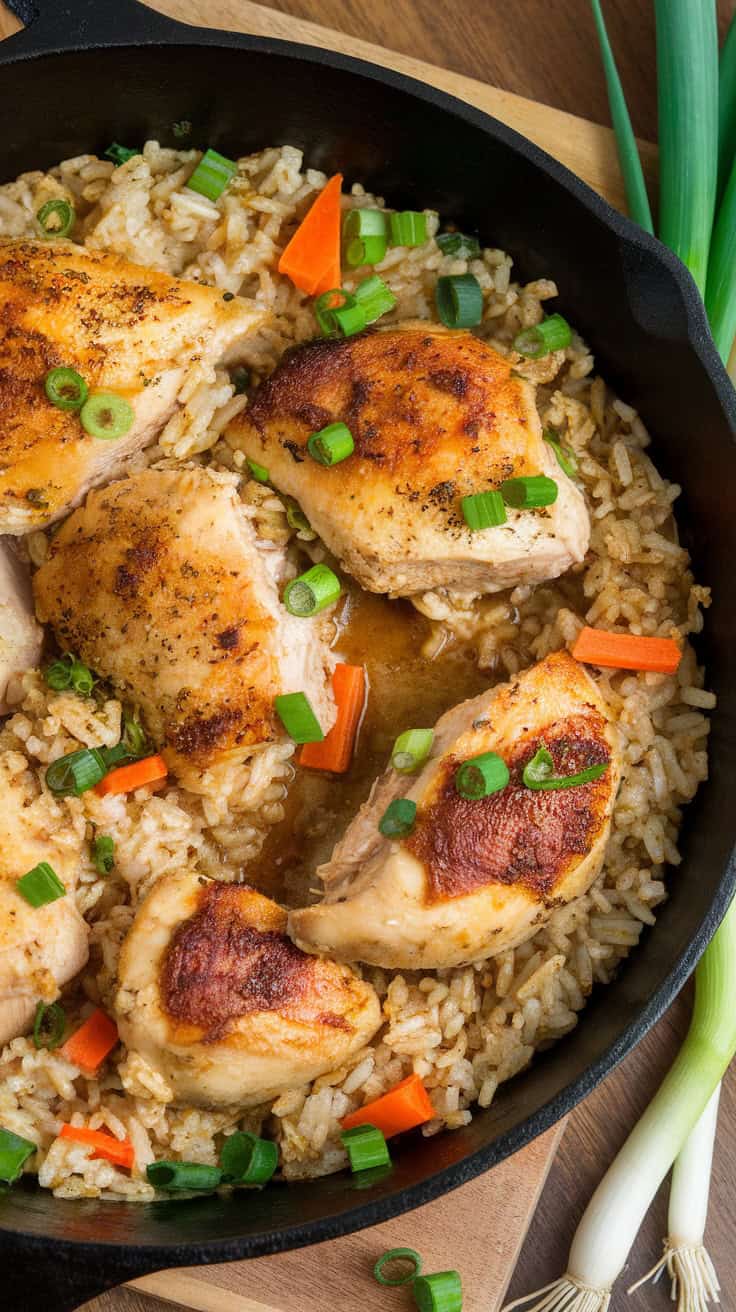 A cast iron skillet filled with chicken and rice, garnished with parsley