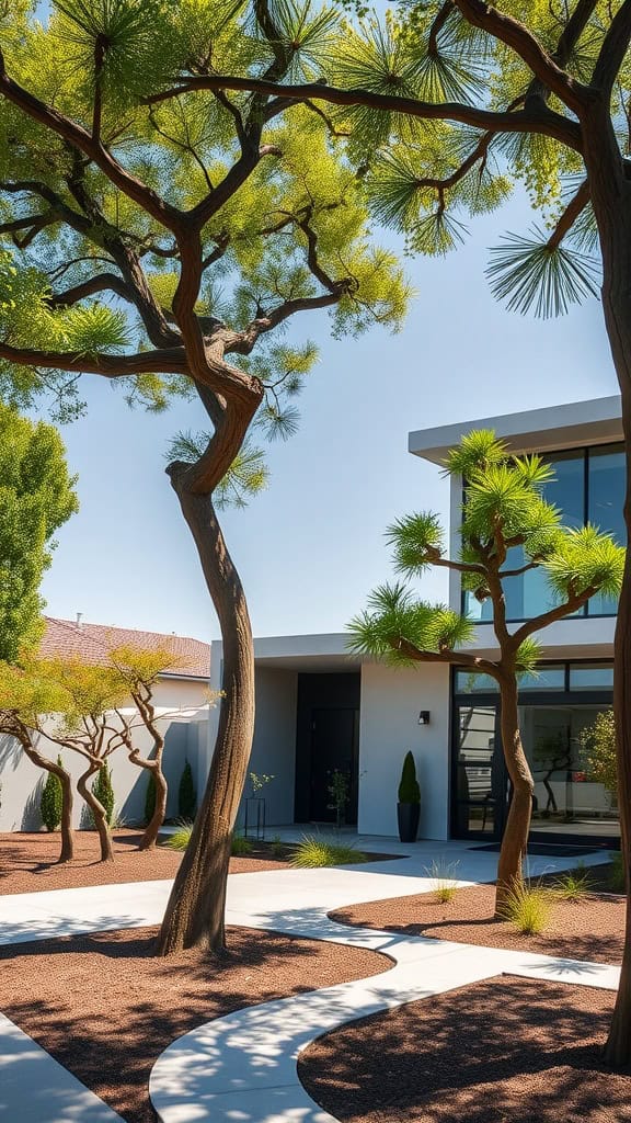 Modern front yard featuring sculptural trees with unique shapes and green foliage.