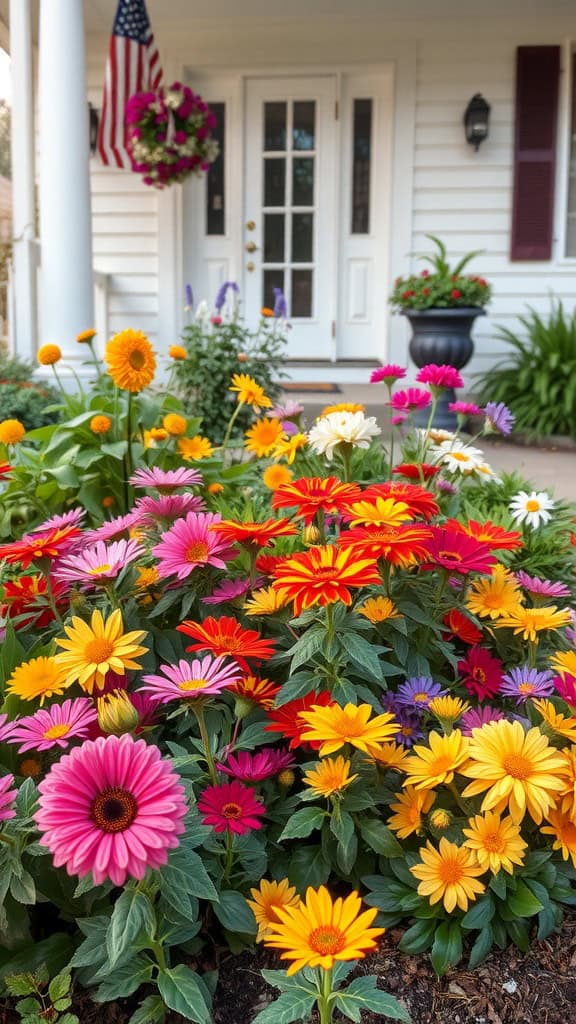 Colorful flowers in a front yard garden with a porch and door in the background.
