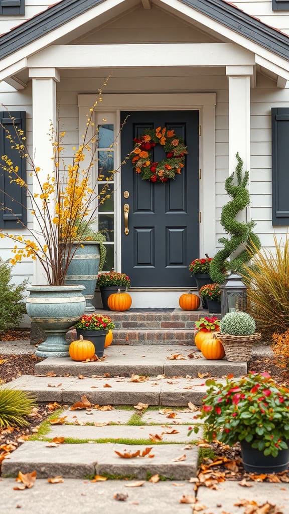 A modern front yard with seasonal decor including pumpkins and flowers.