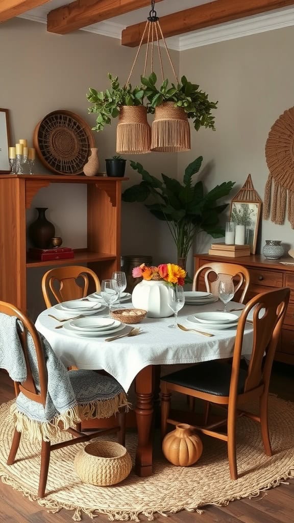 A cozy boho dining room with a round table set for fall, featuring a white pumpkin centerpiece and colorful flowers, surrounded by earthy decor.
