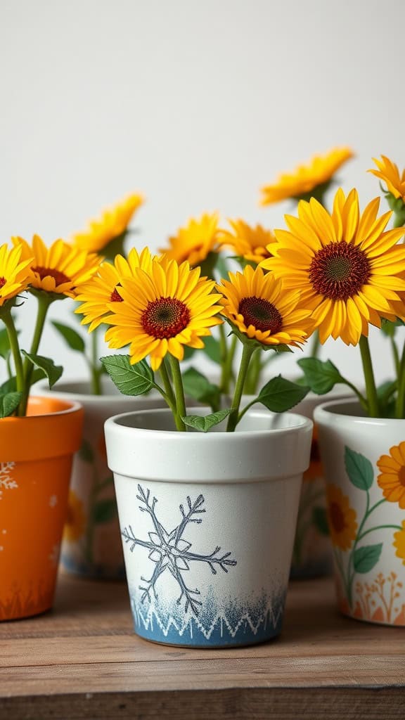 Colorful ceramic plant pots with seasonal designs, featuring a snowflake on a winter pot and vibrant sunflowers.