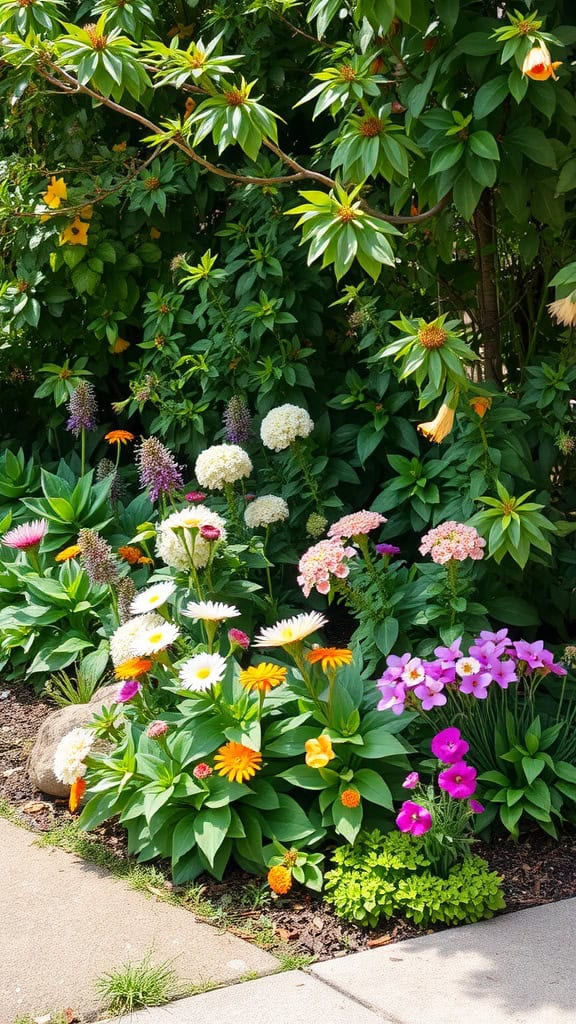 A corner flower bed filled with a variety of colorful flowers, including daisies and begonias, set against a backdrop of lush green foliage.
