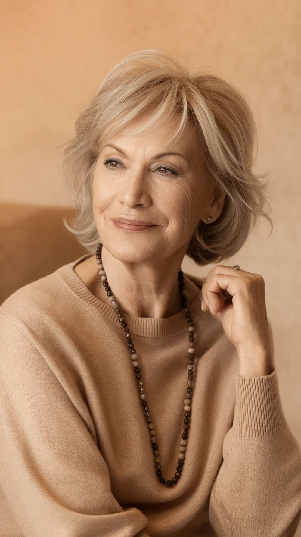 A woman with short hair and soft wispy bangs, wearing a cozy beige sweater and a necklace, looking thoughtfully to the side.