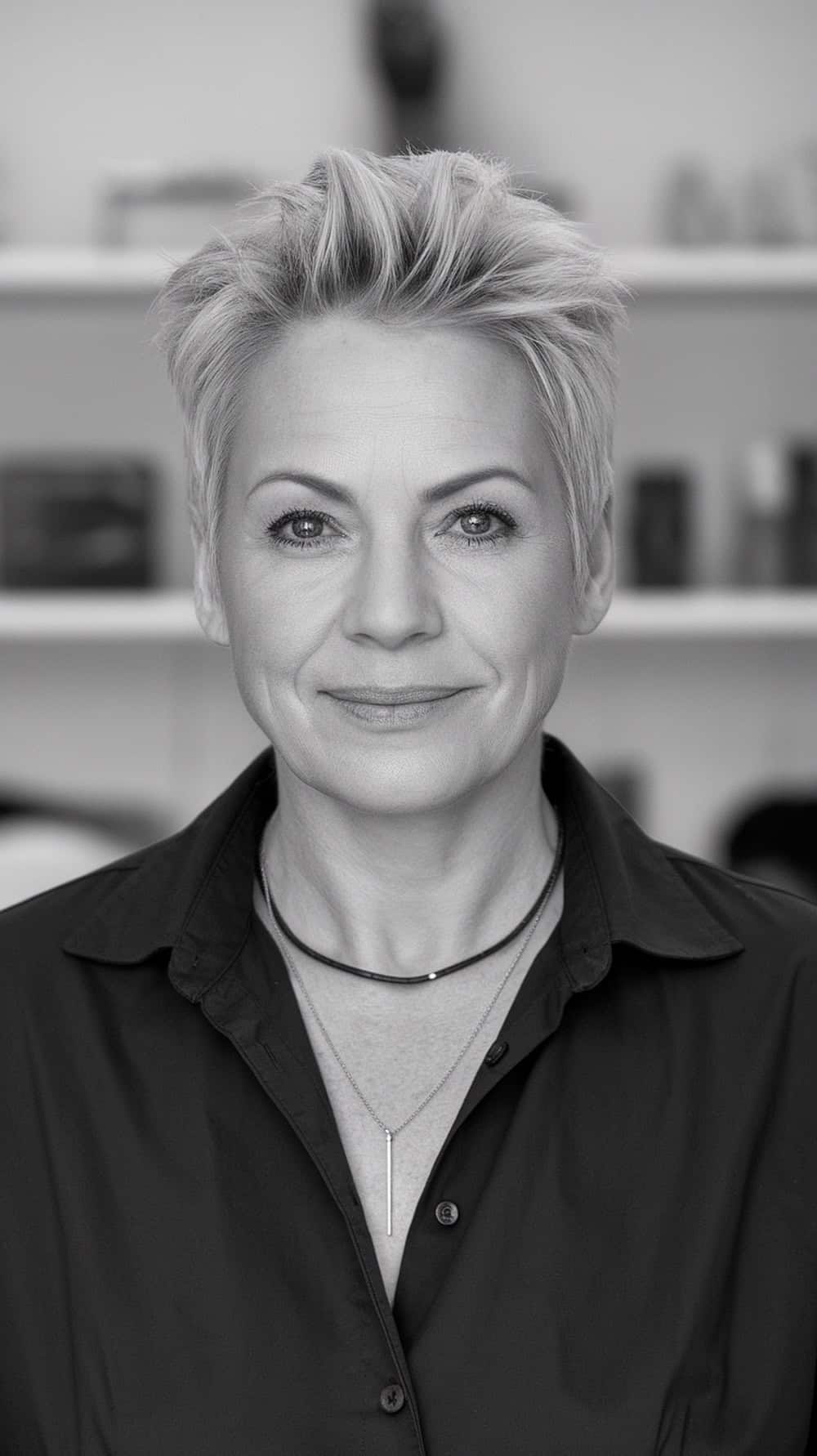 A stylish woman with short hair featuring a subtle undercut, wearing a black shirt and layered necklaces.
