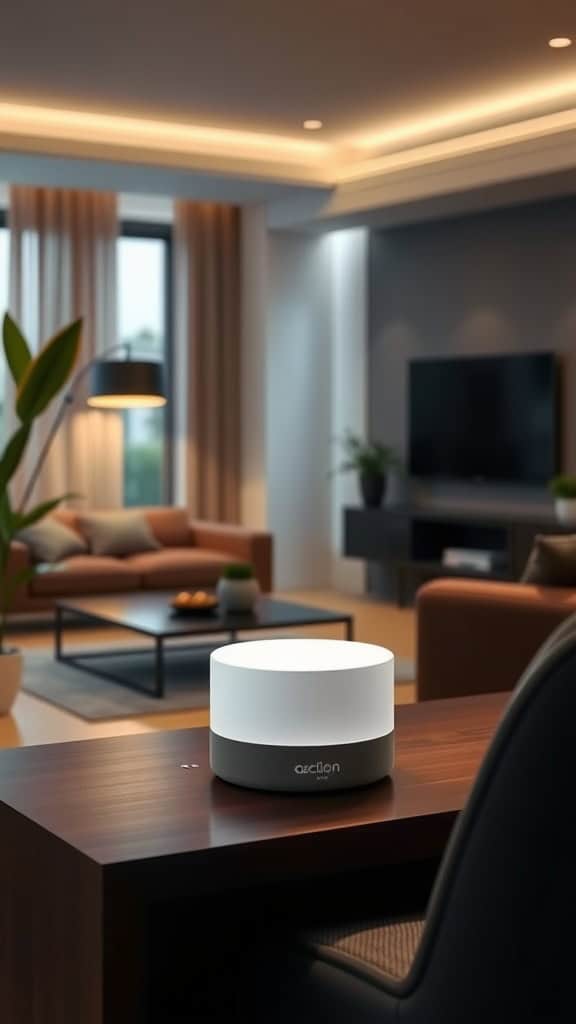 A smart speaker on a desk in a modern living room setting