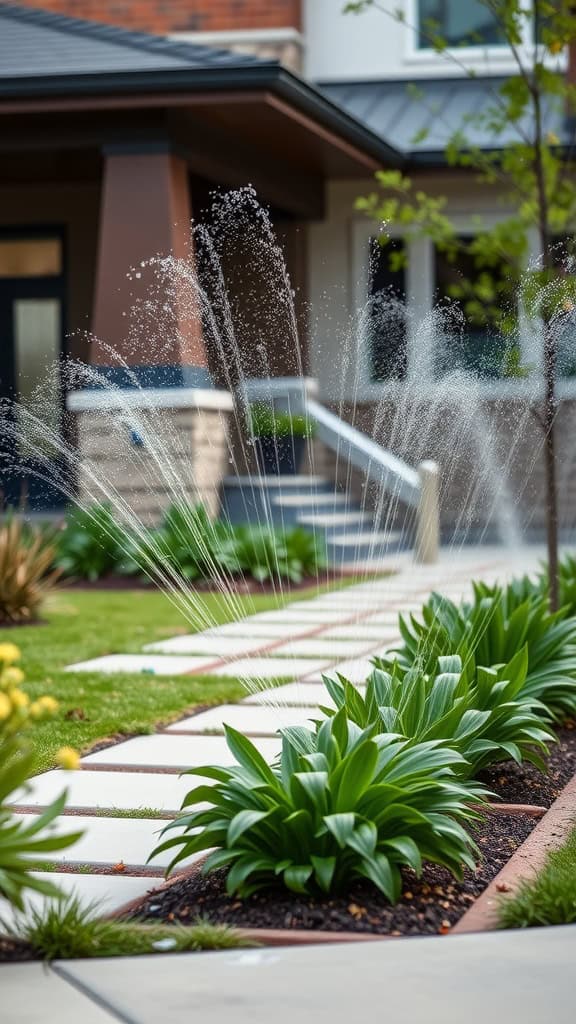 Smart irrigation system watering plants in a modern front yard.