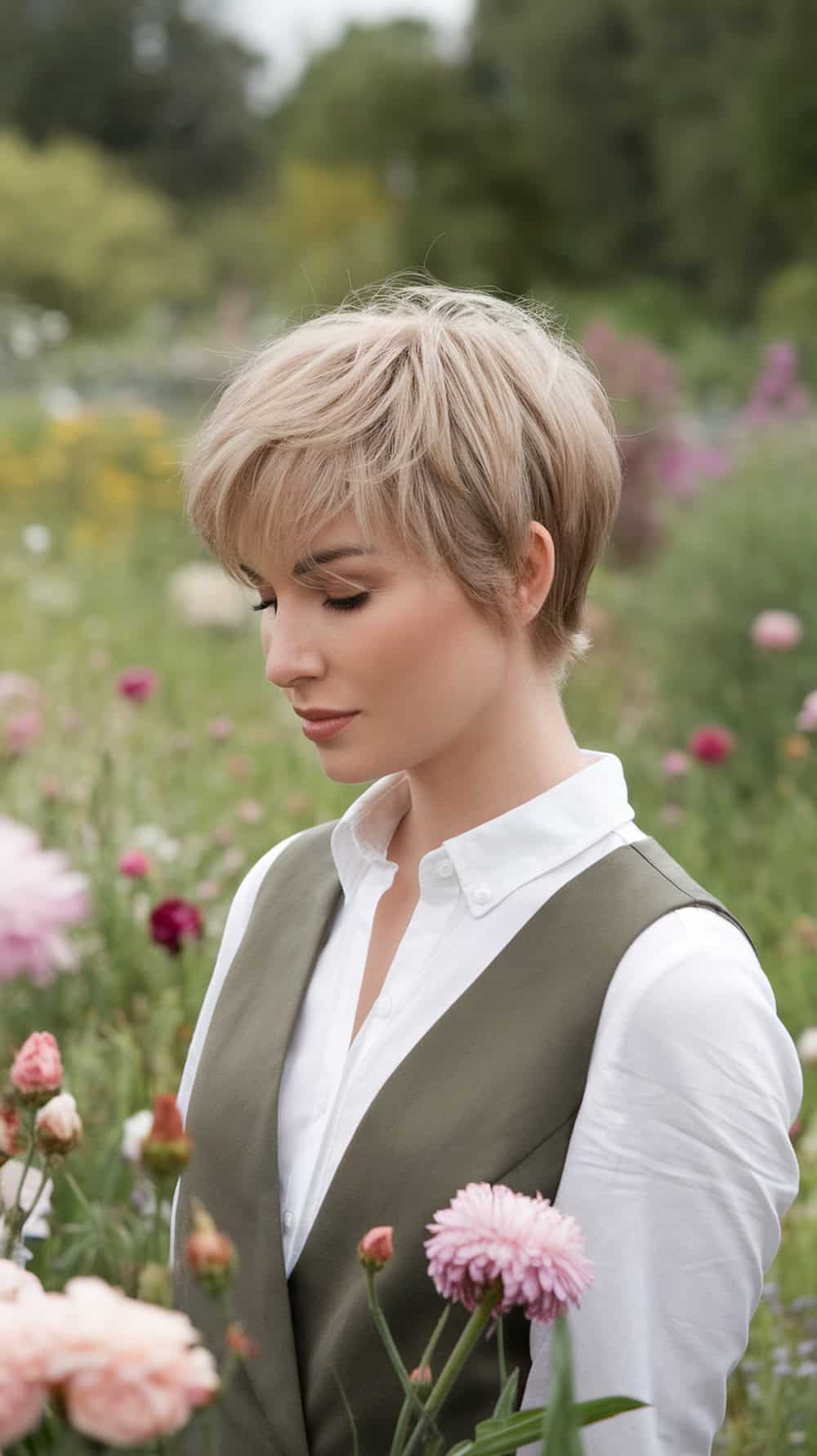 A woman with a soft pixie haircut surrounded by flowers, showcasing subtle layers and a stylish outfit.