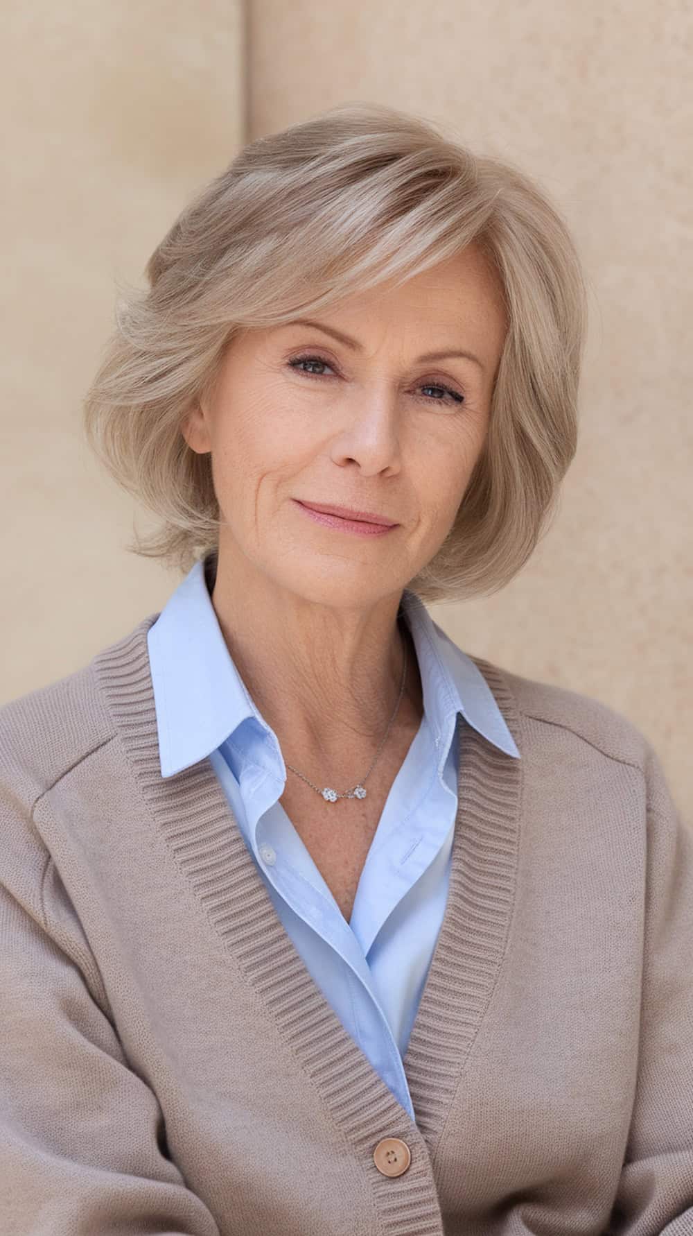 A woman with softly layered short hair, wearing a beige cardigan and light blue shirt, smiling at the camera