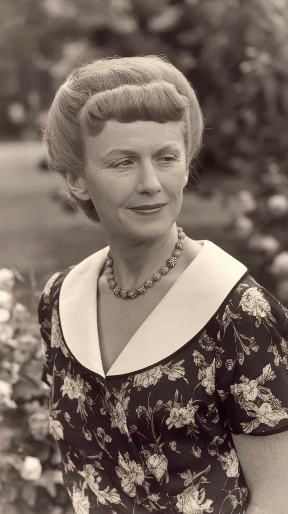 A sophisticated woman with vintage-inspired pageboy haircut, wearing a floral dress.