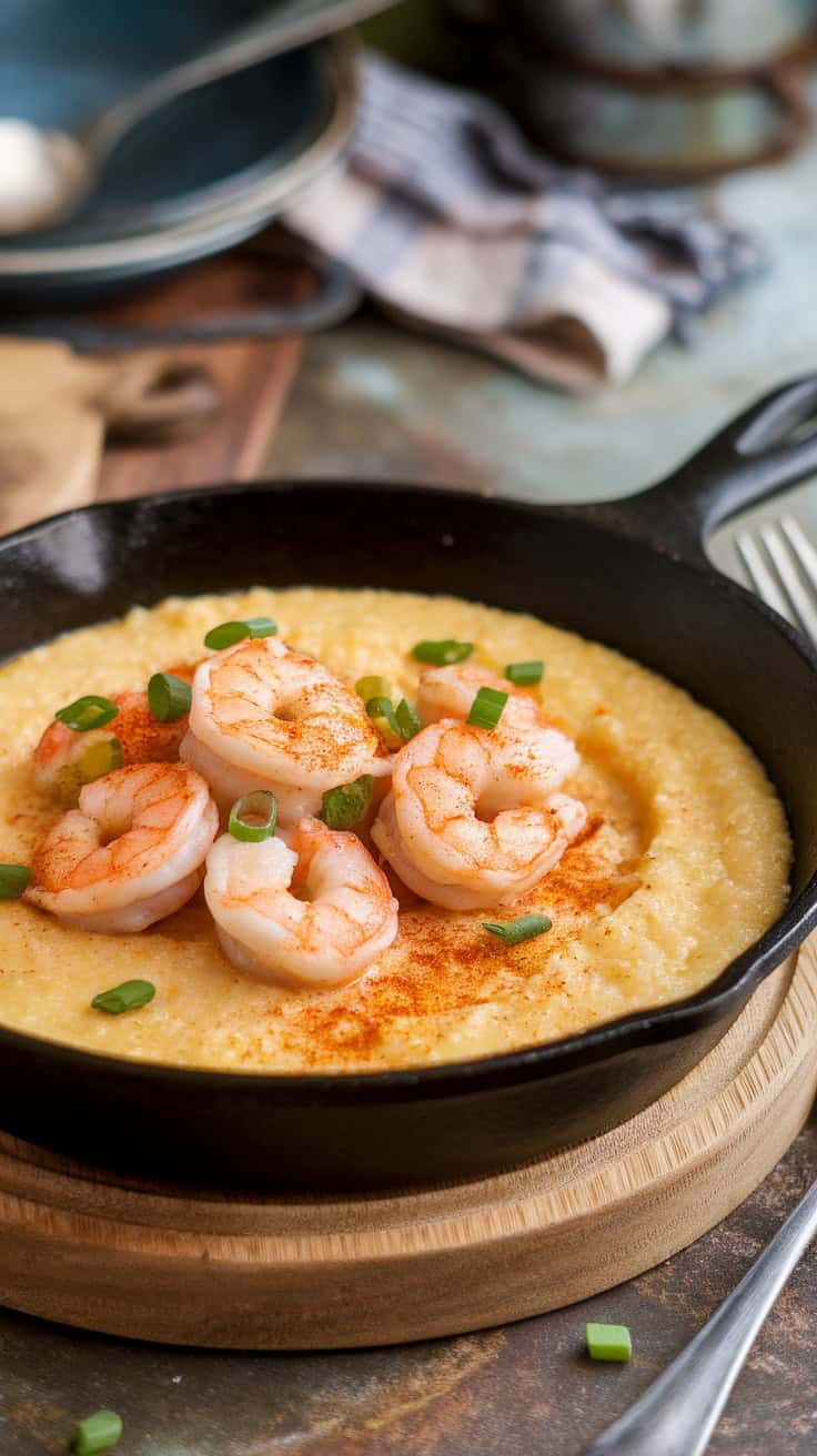 A bowl of spicy shrimp and grits topped with green onions.