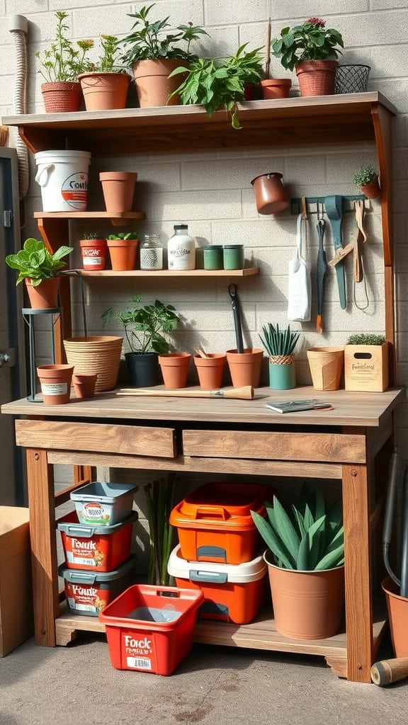 A potting bench with shelves filled with pots and tools, showcasing organized storage solutions.