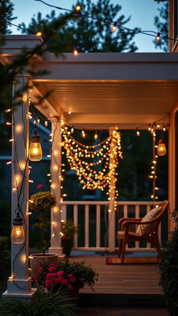 A beautifully lit front porch adorned with string lights and potted plants.