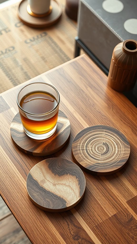A set of wooden coasters with a glass of dark liquid on one of them, placed on a wooden table.