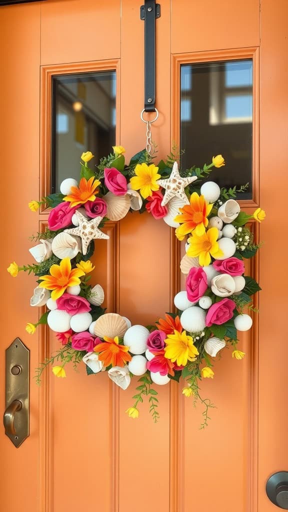A colorful summer-themed door wreath with flowers and seashells hanging on a vibrant orange door.