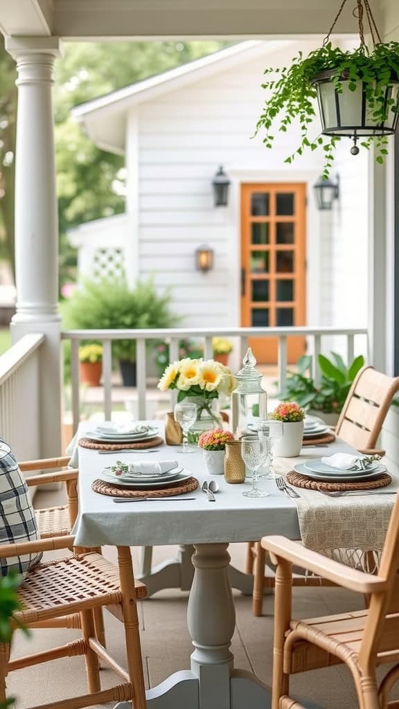 A beautifully arranged summer-themed table setting on a front porch with flowers and decorative plates.