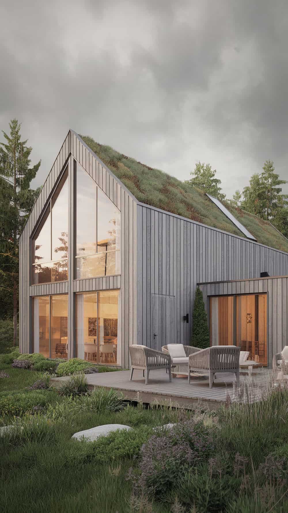 A modern sustainable home with a green roof and large windows, surrounded by nature.