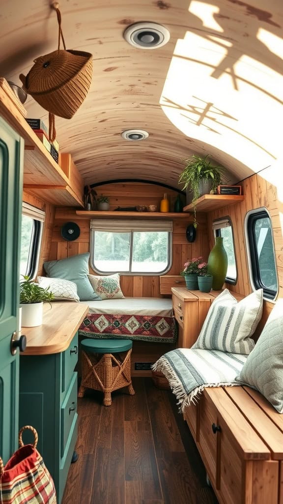 Cozy interior of a small camper with wooden walls, plants, and rustic decor