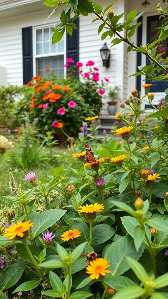 A vibrant front yard filled with colorful native flowers and a butterfly.