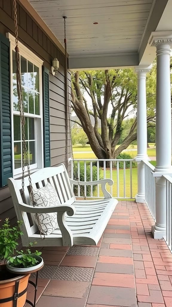 A charming white swing bench on a front porch, surrounded by greenery and a view of a large tree.