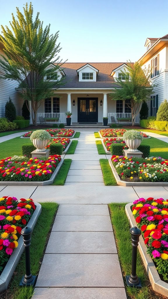 A beautiful front yard with symmetrical landscaping featuring flowers, pathways, and greenery.