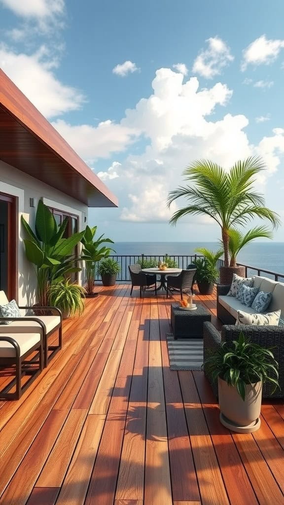 A beautifully stained teak deck with outdoor furniture and plants, overlooking a scenic view.