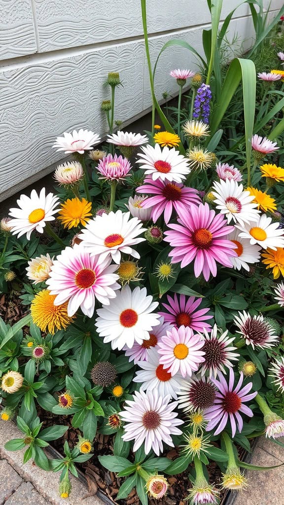 A mixed flower bed featuring daisies, asters, and thistles in various colors.