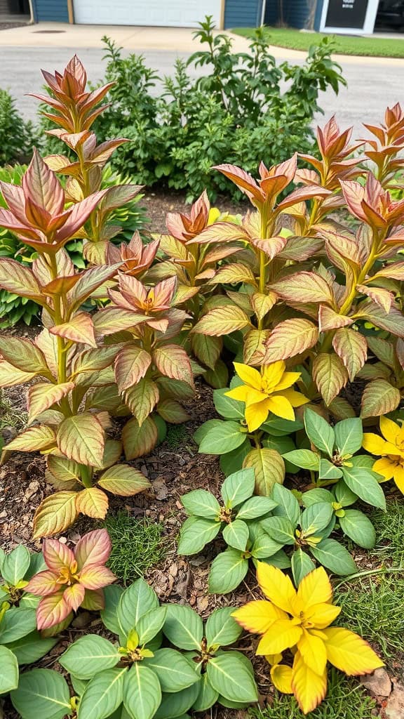 A colorful arrangement of plants with varying textures and colors in a front yard.