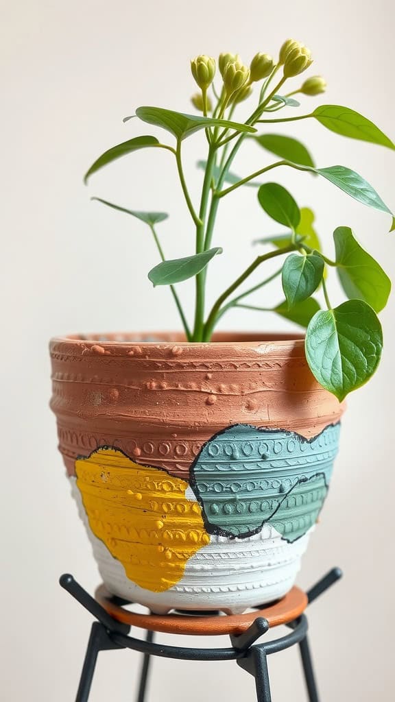 A textured ceramic plant pot painted in multiple colors with a plant inside.