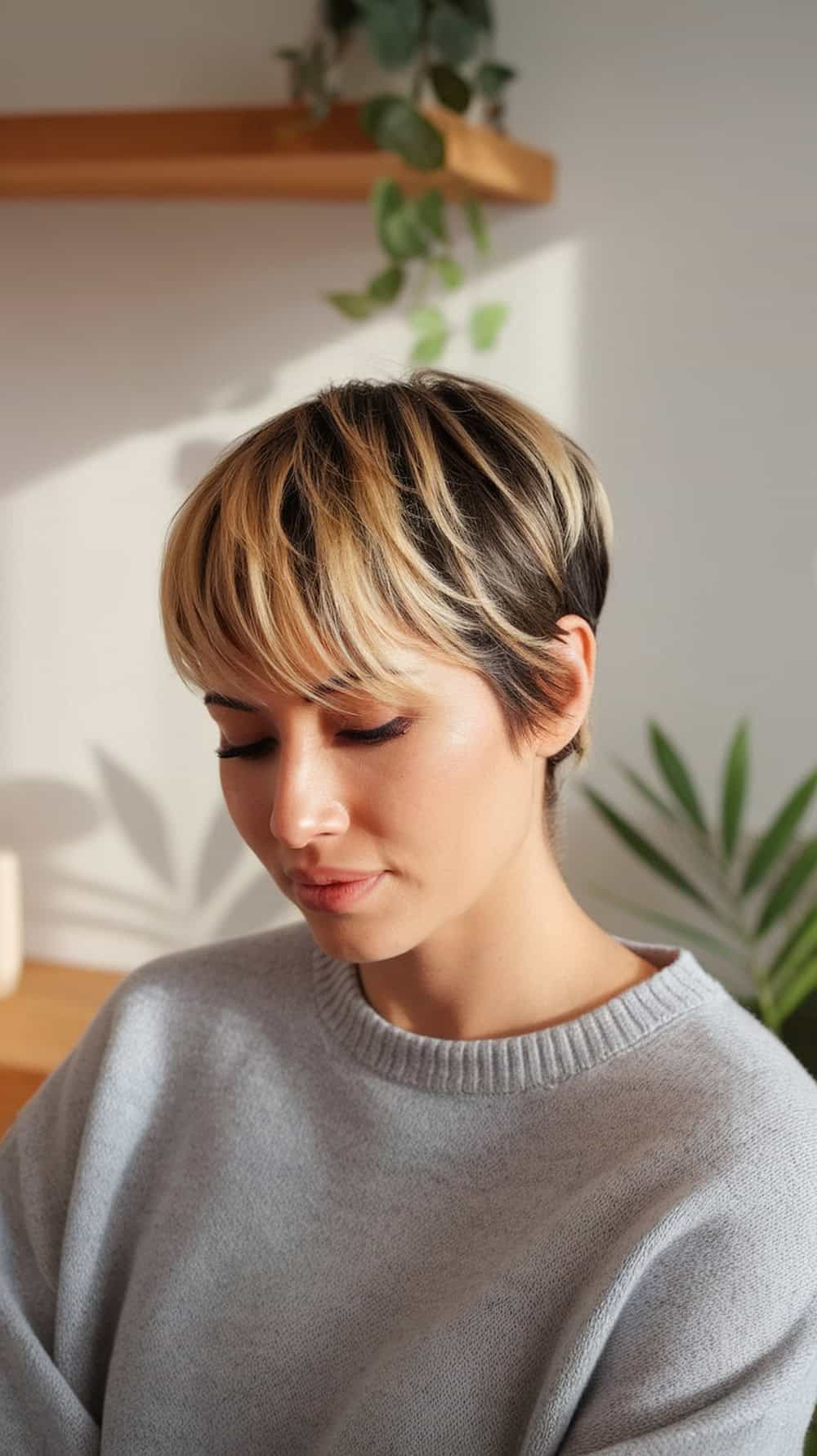 A woman with a textured pixie haircut featuring highlights, wearing a cozy gray sweater with soft lighting.
