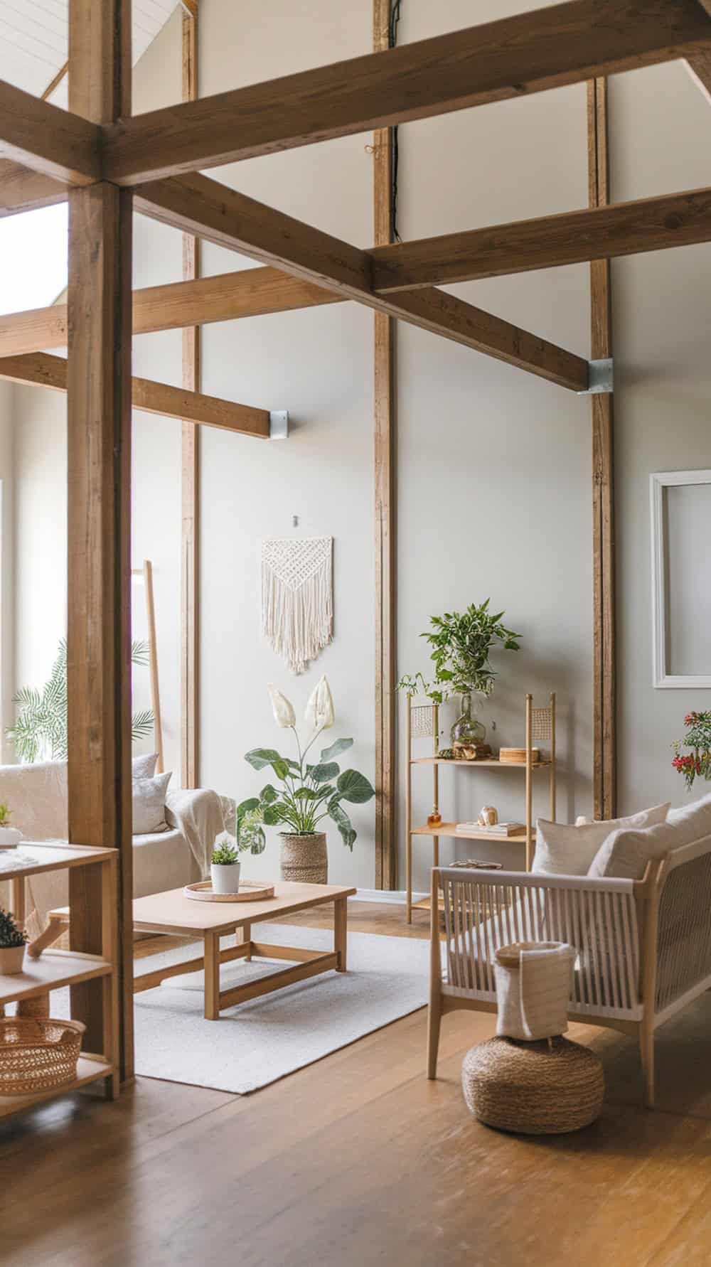 A cozy living room featuring wooden beams and furniture, with plants and natural finishes.