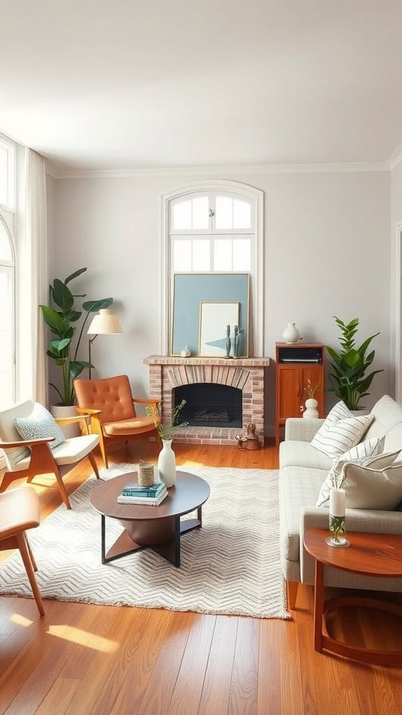 A clean and functional Scandinavian living room with a beige sofa, blue chairs, wooden floor, and decorative elements.