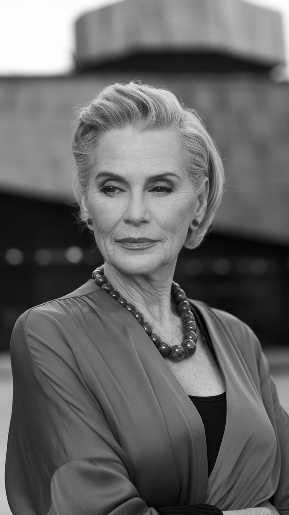 A stylish older woman with short wavy hair and elegant features, wearing a chic outfit and jewelry.
