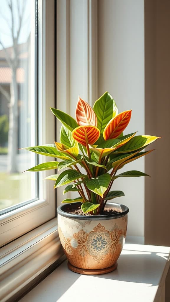A vibrant houseplant with green and orange leaves in a decorative pot, placed by a sunny window.