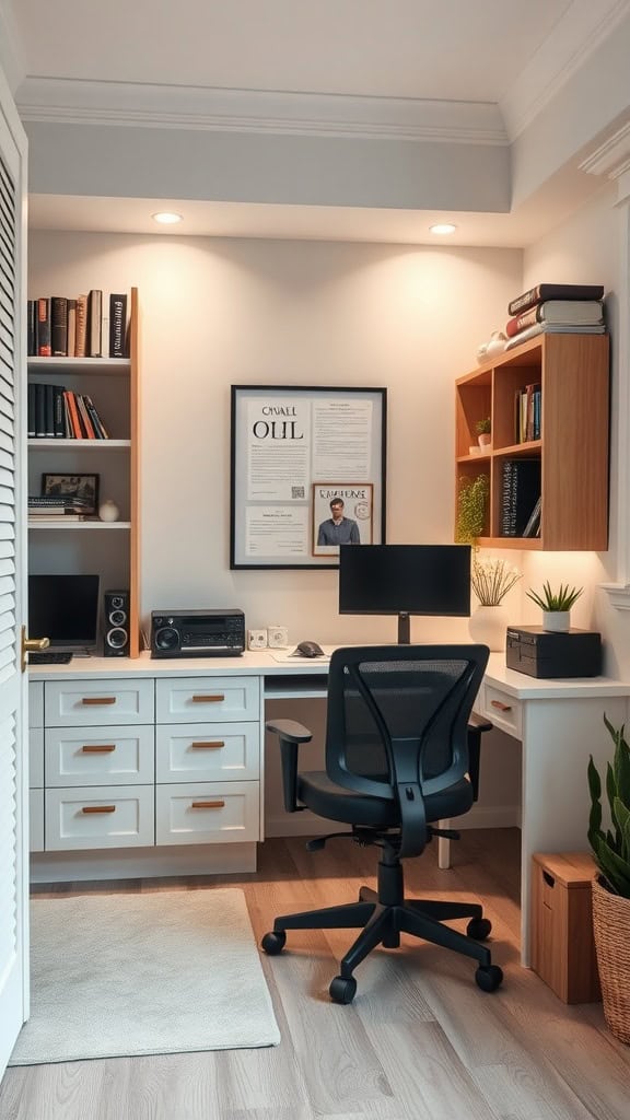 Cozy corner home office with bookshelves, desk, and plants.