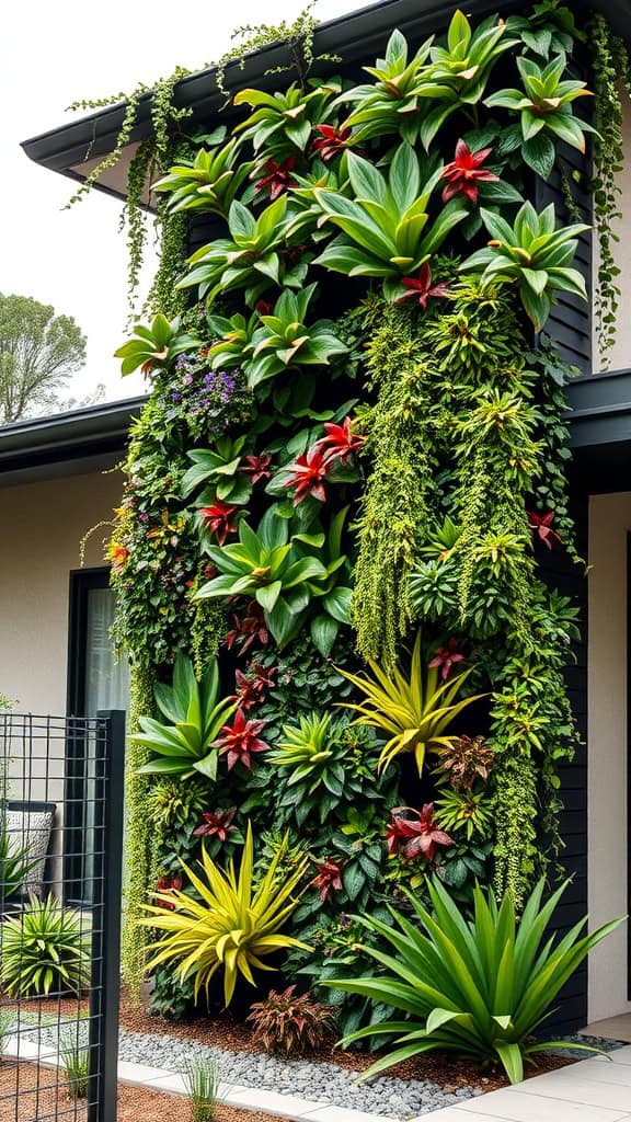 A lush vertical garden wall featuring a variety of green plants and colorful flowers.