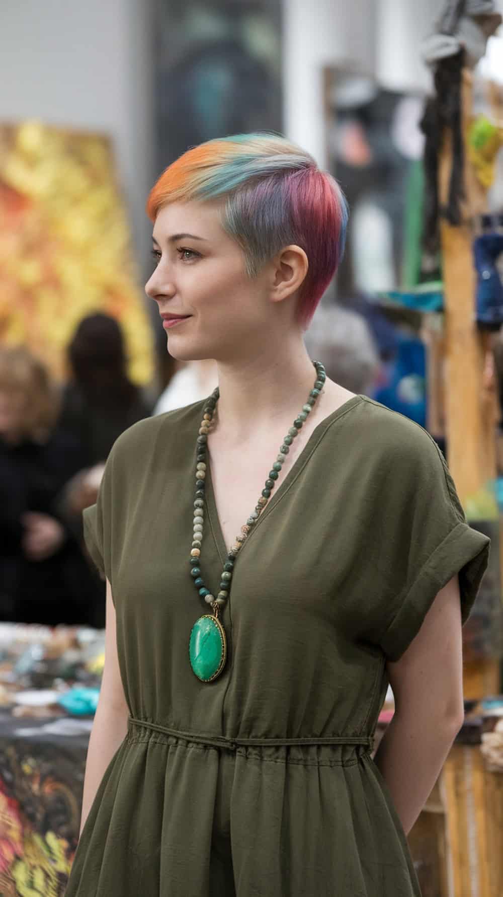 A woman with a vibrant pixie haircut featuring orange, pink, and blue hues, wearing a green dress and a necklace, standing in an art gallery.