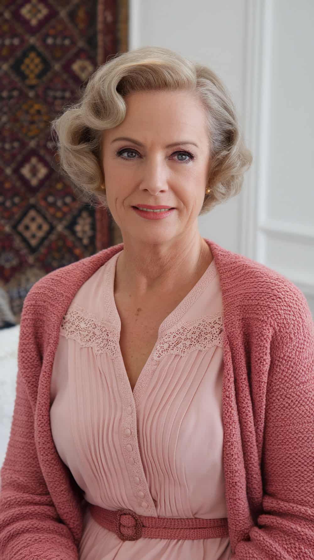 A woman with vintage-inspired short waves, wearing a pink dress and a cardigan, showcasing a timeless hairstyle.