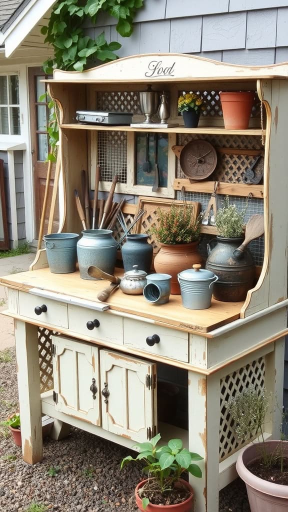 A vintage potting bench displaying various antique gardening tools and potted plants.